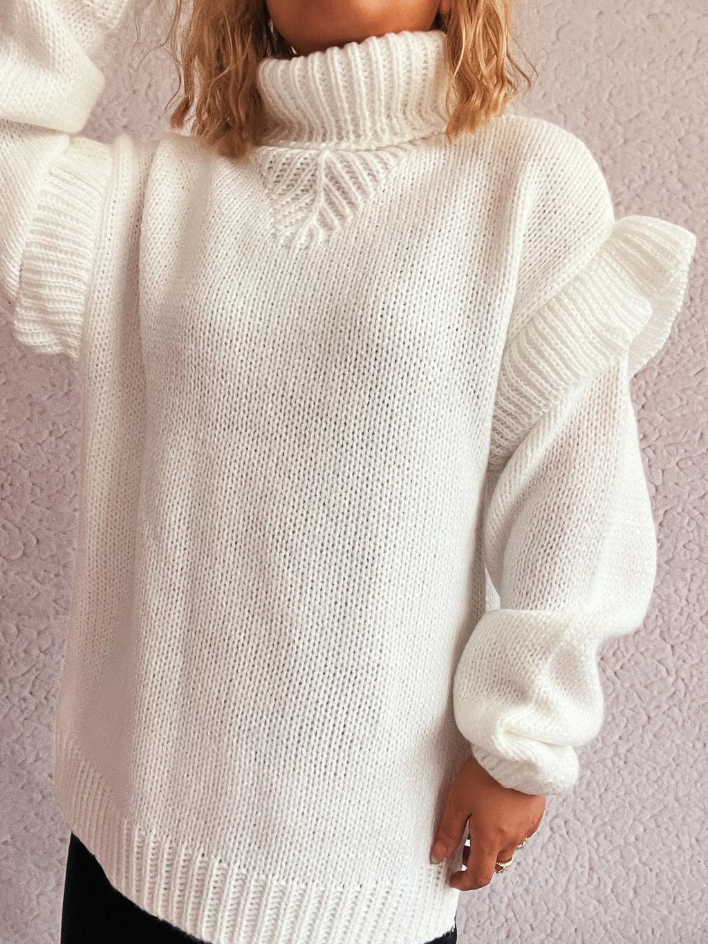 Ruffled Turtleneck Long Sleeve Sweater