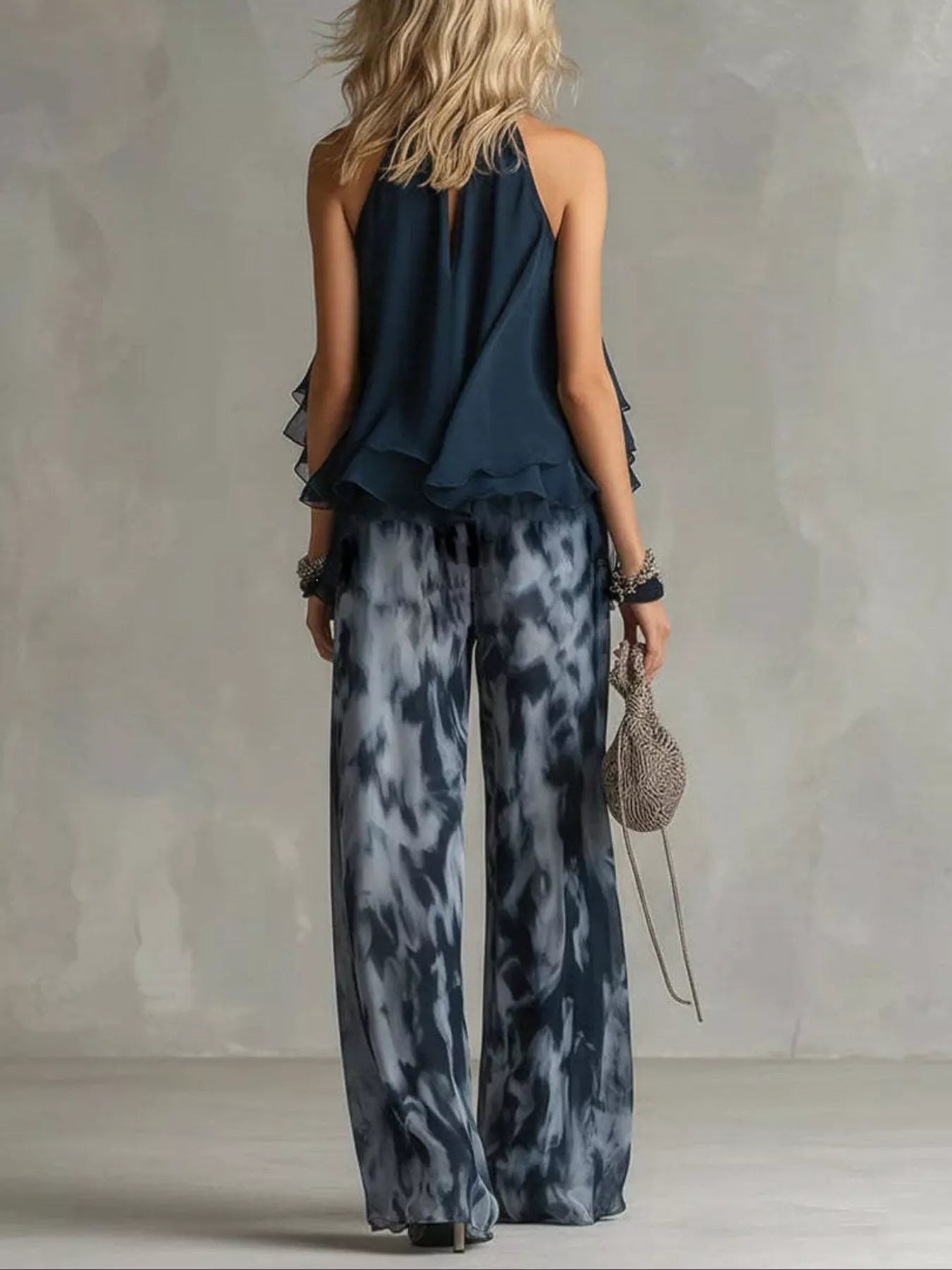 Halter Neck Top and Tie-Dye Wide-Leg Pants Set