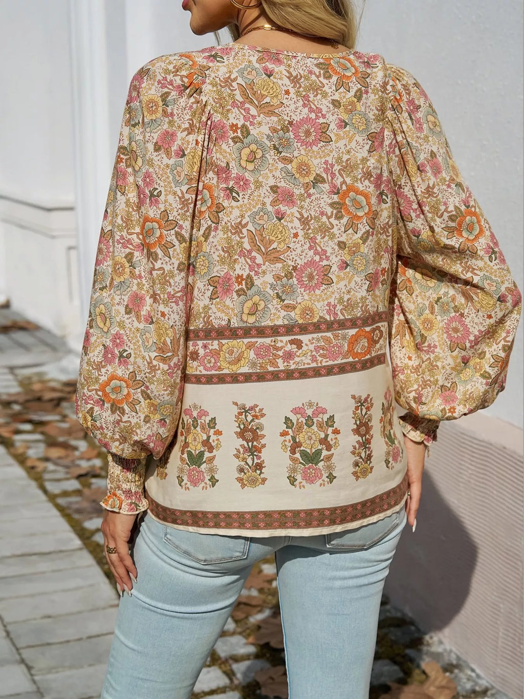Floral Print Tie Neck Bohemian Blouse