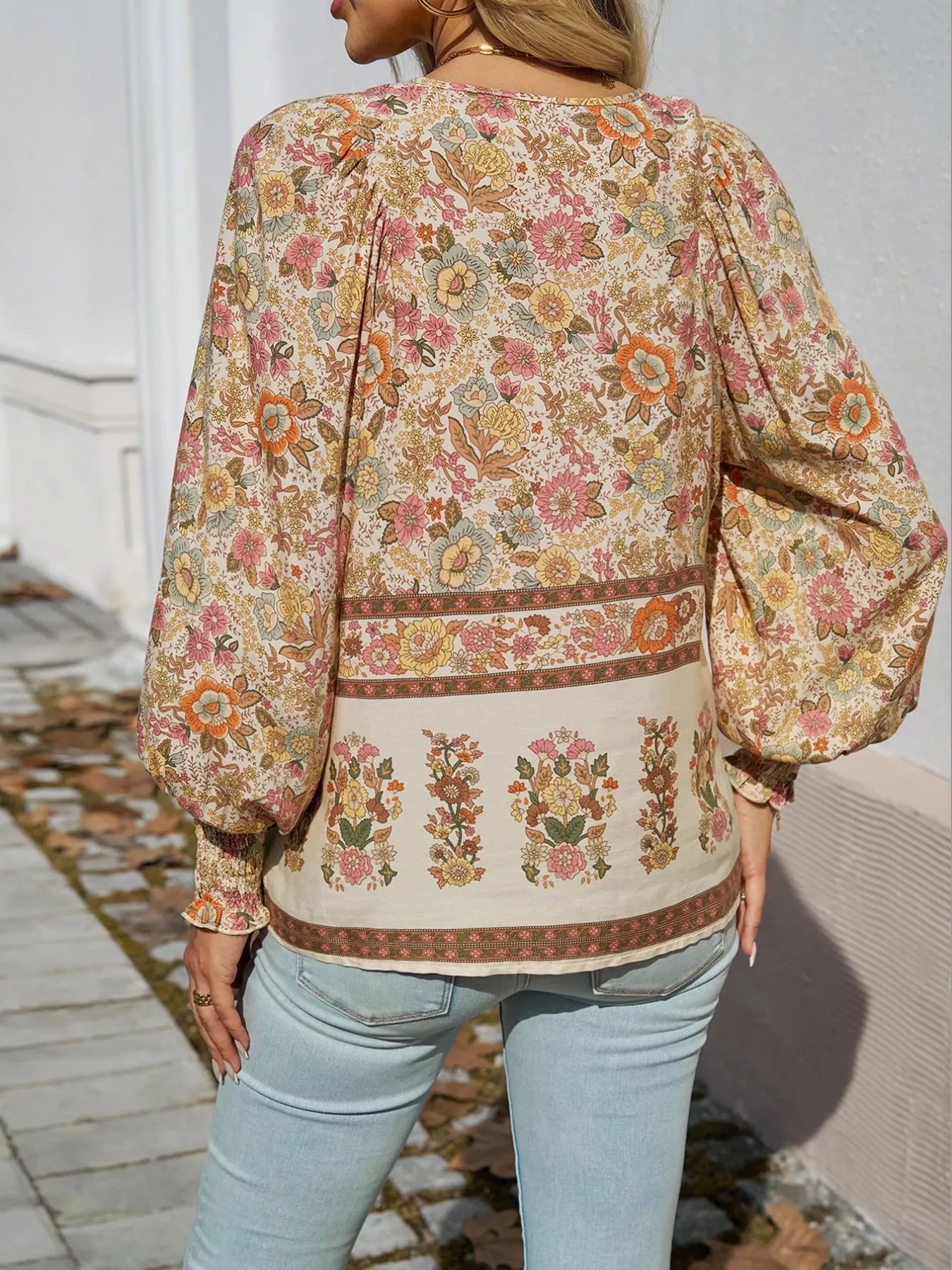 Floral Print Tie Neck Bohemian Blouse