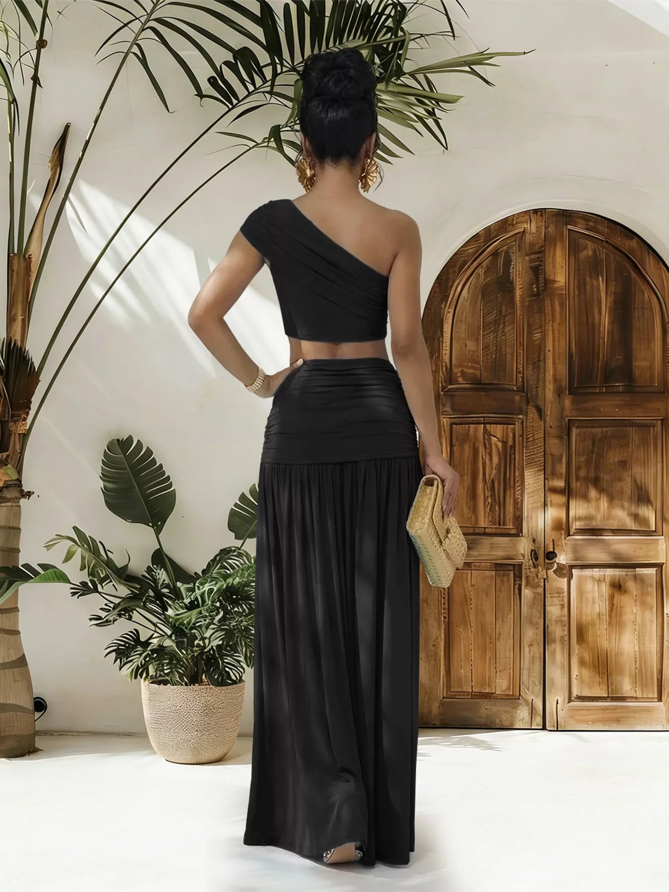 One-Shoulder Top and Ruched Maxi Skirt Set