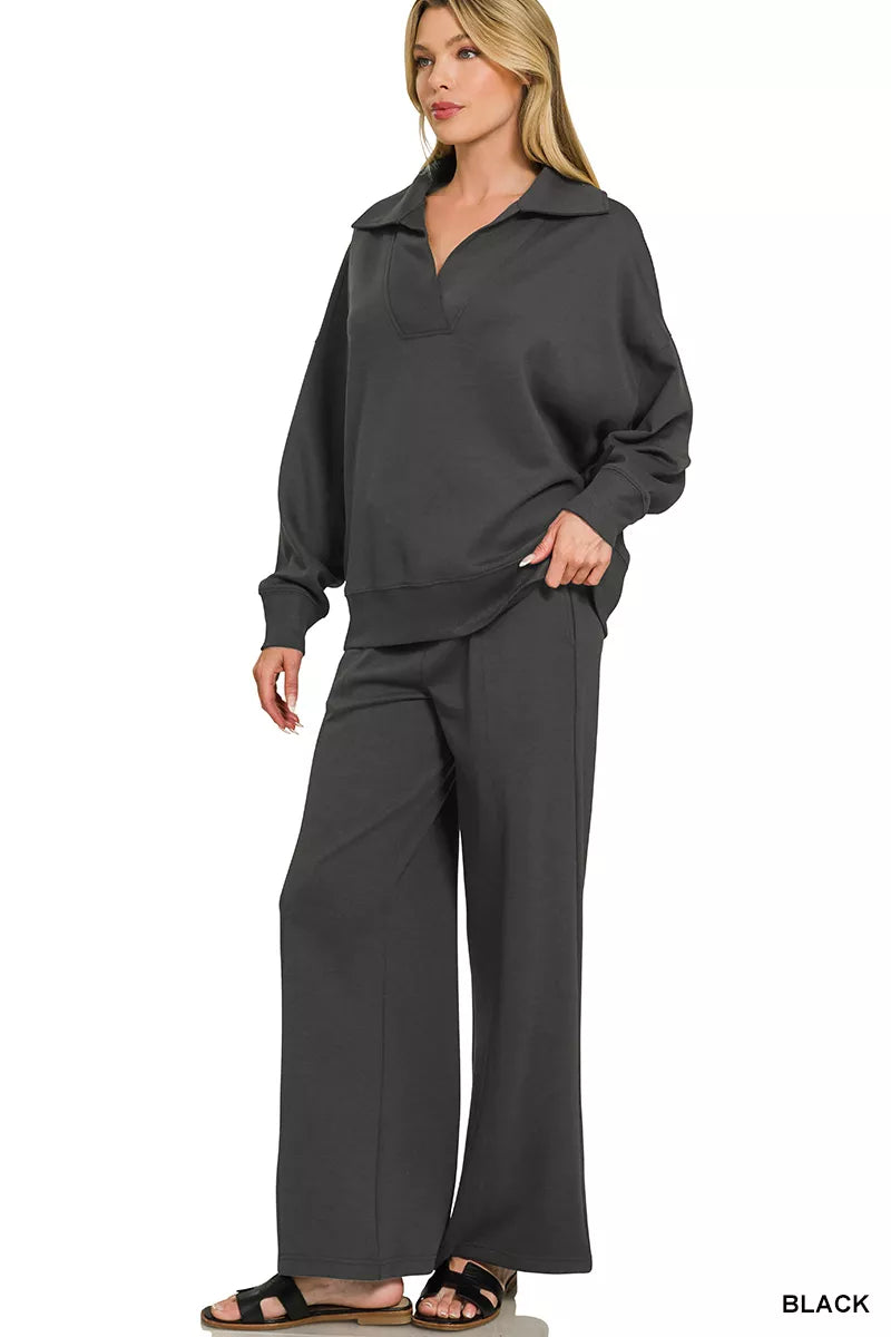 Zenana Scuba Collared Pullover & Center Seam Pants Set