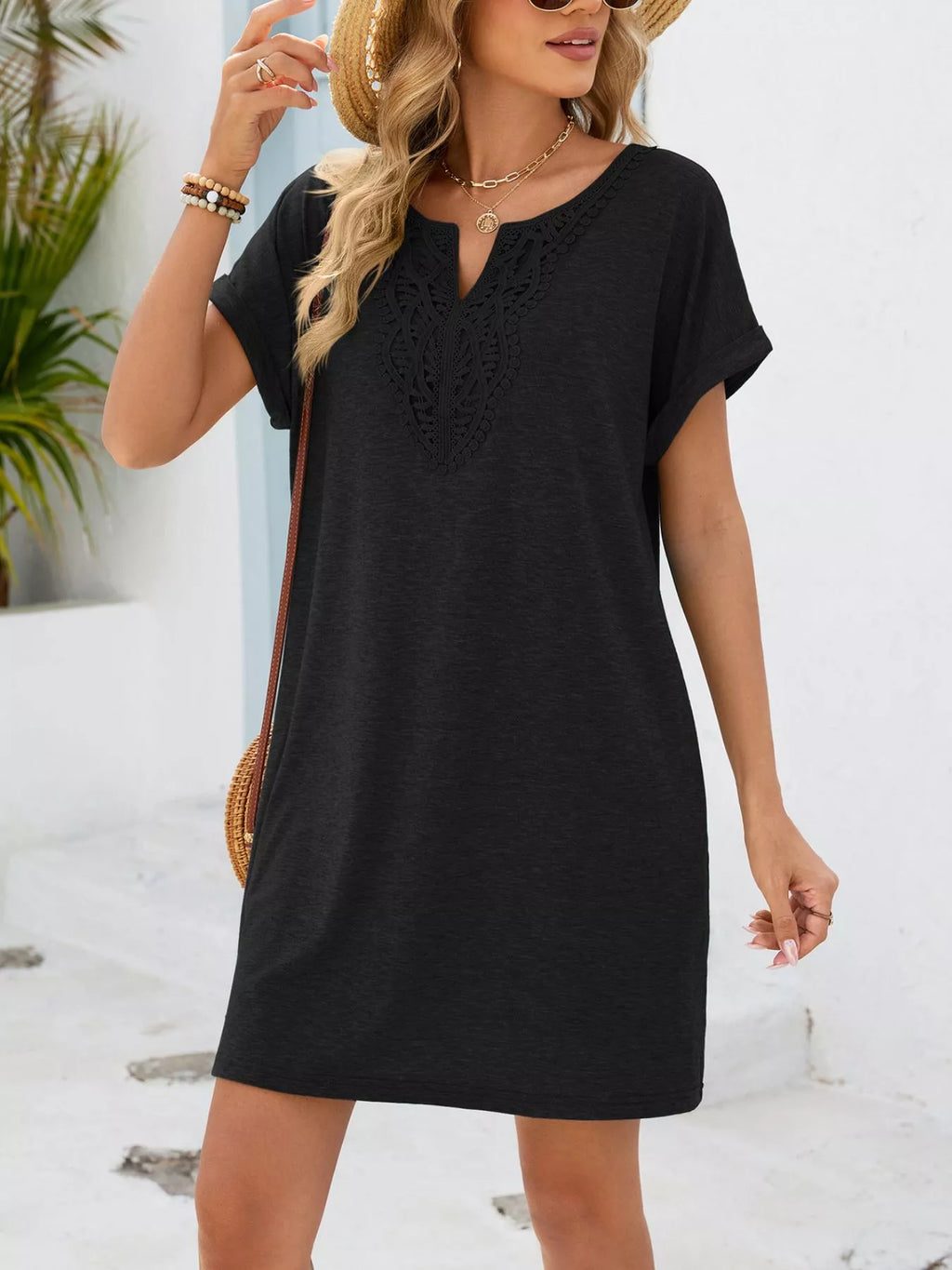 Lace Trim Notched Short Sleeve Dress