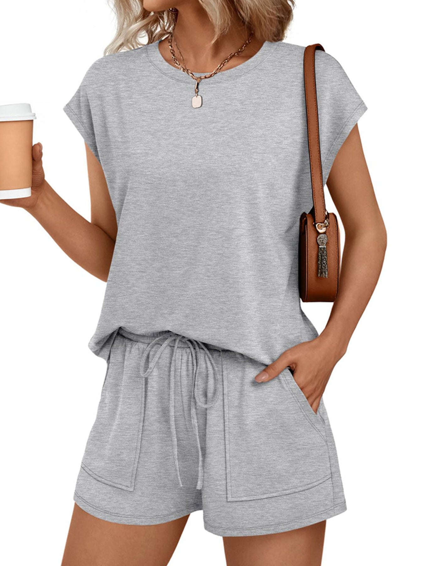 Round Neck Cap Sleeve Top and Shorts Set