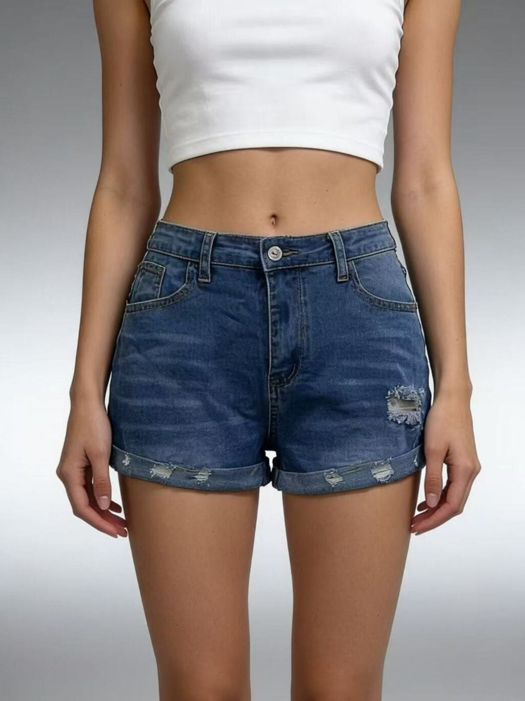 Distressed Denim Roll-Up Shorts