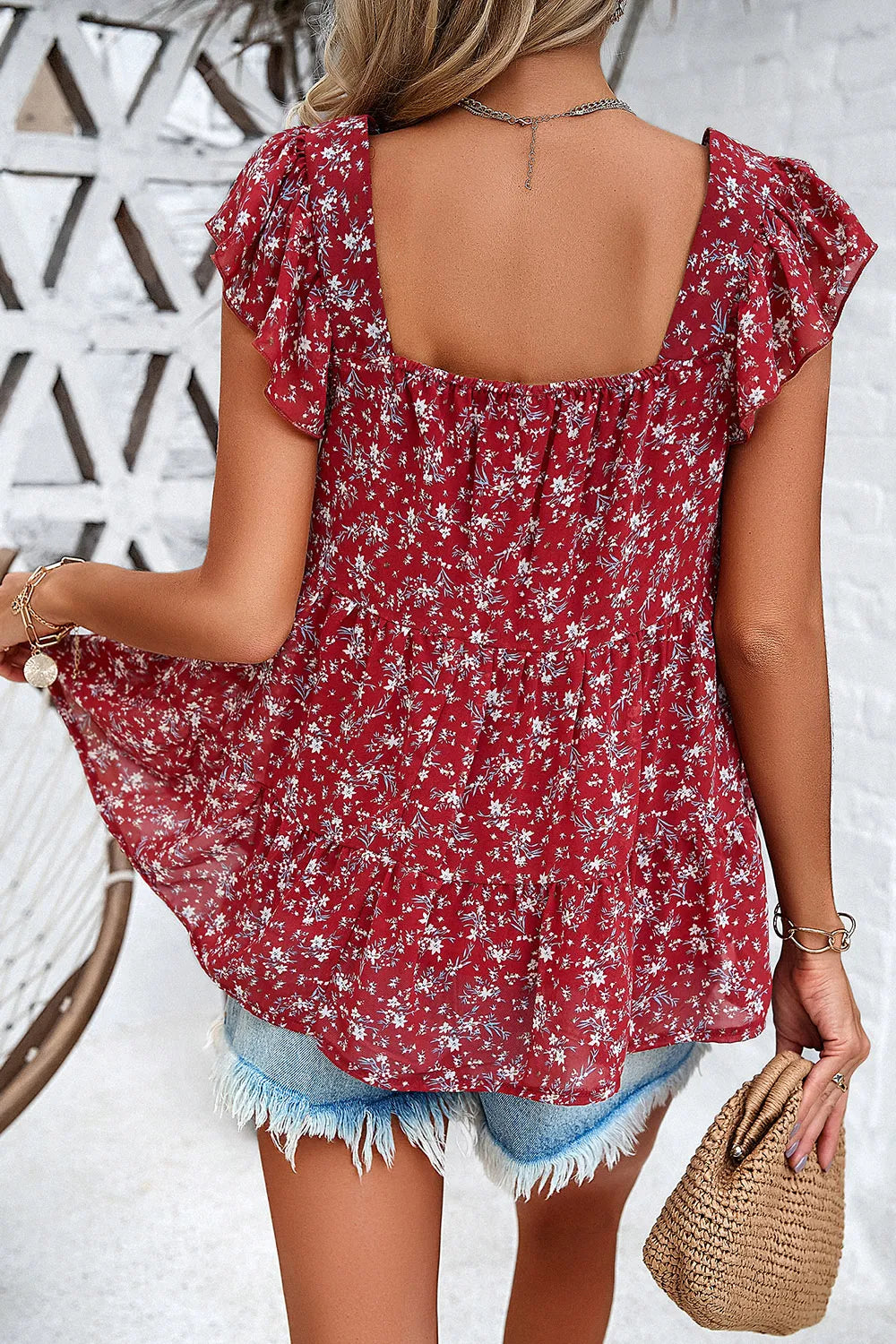 Devine Printed Square Neck Cap Sleeve Blouse