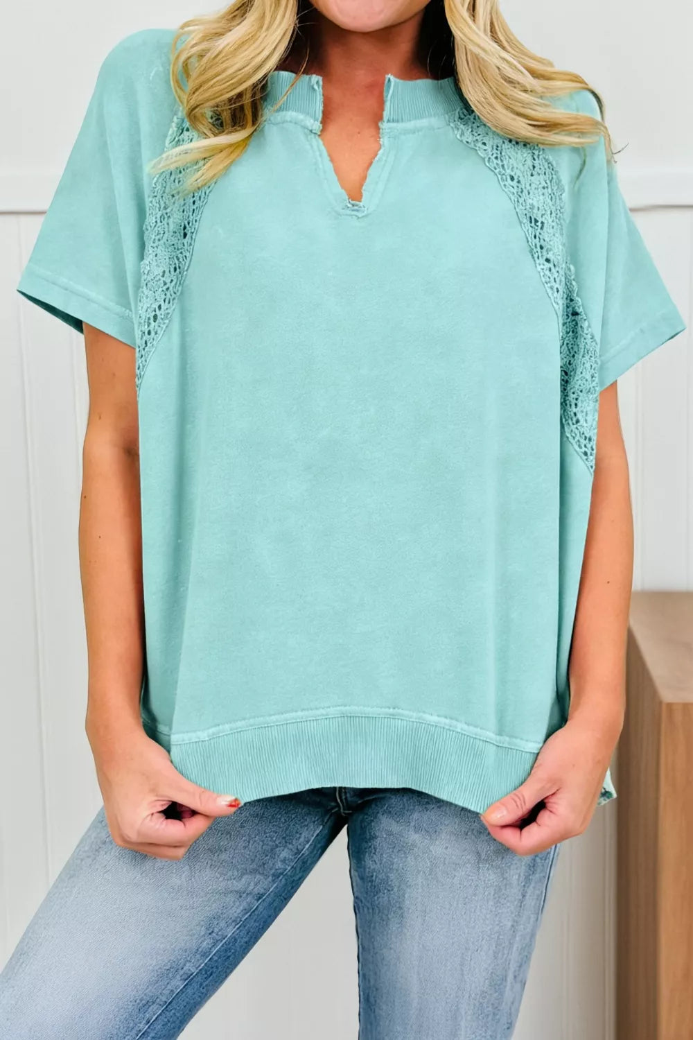 Notched Neck Lace Patchwork Detail Mineral Wash Tee