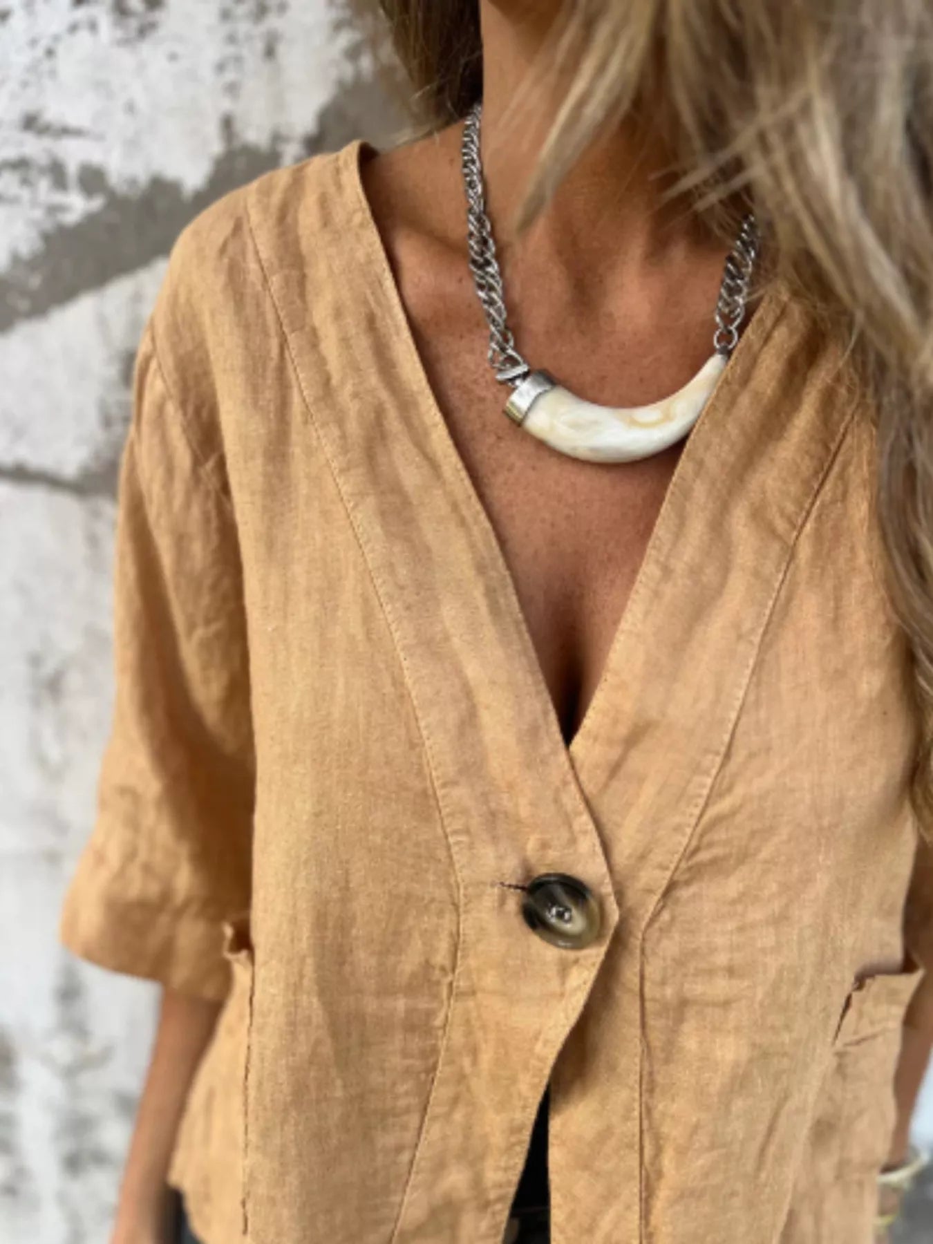 Full Size One Button V-Neck Shirt Plus Size