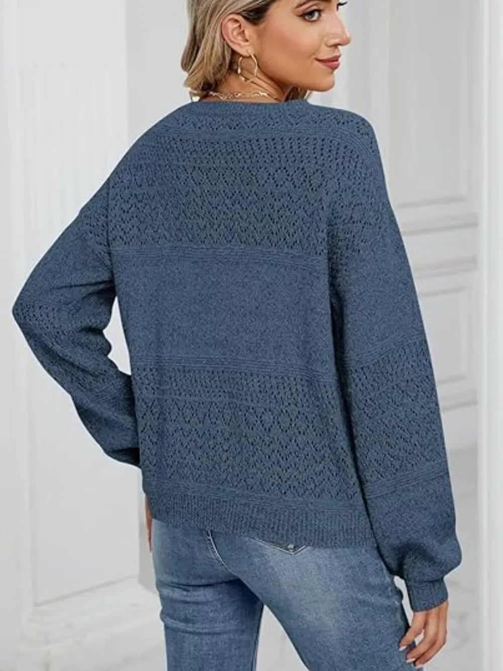 Eyelet V-Neck Long Sleeve Sweater