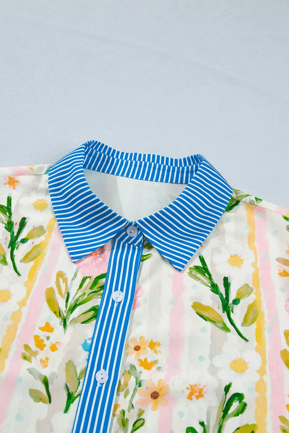 Multicolour Floral Print Striped Trim Button Down Shift Dress