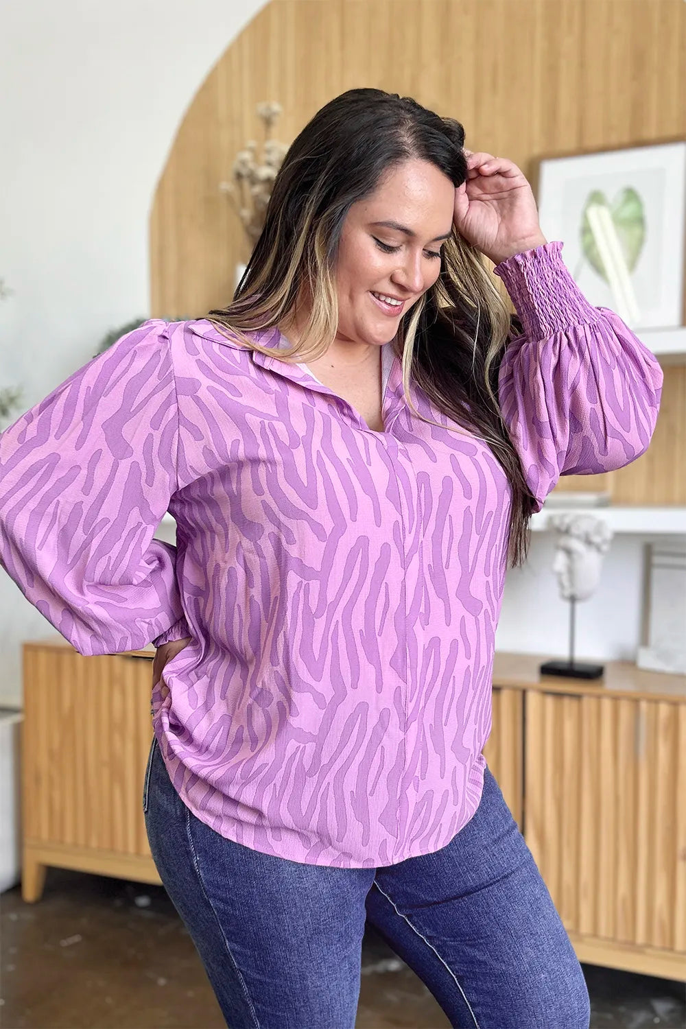 Double Take Full Size Printed Smocked Long Sleeve Blouse Plus Size