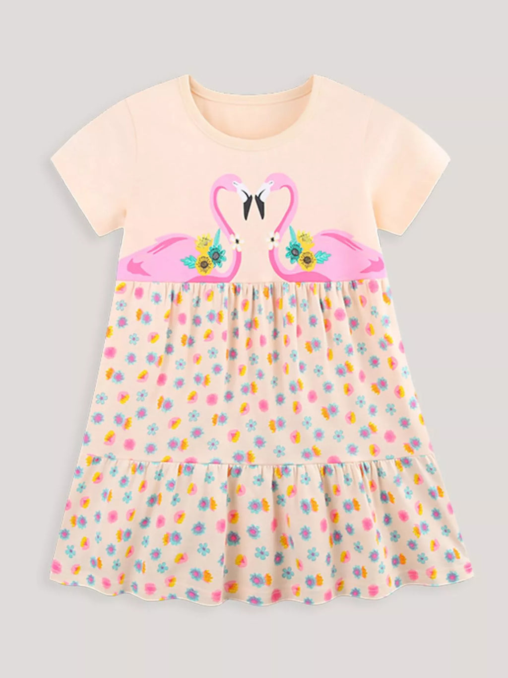 Children's Flamingo Print Tiered Casual Dress