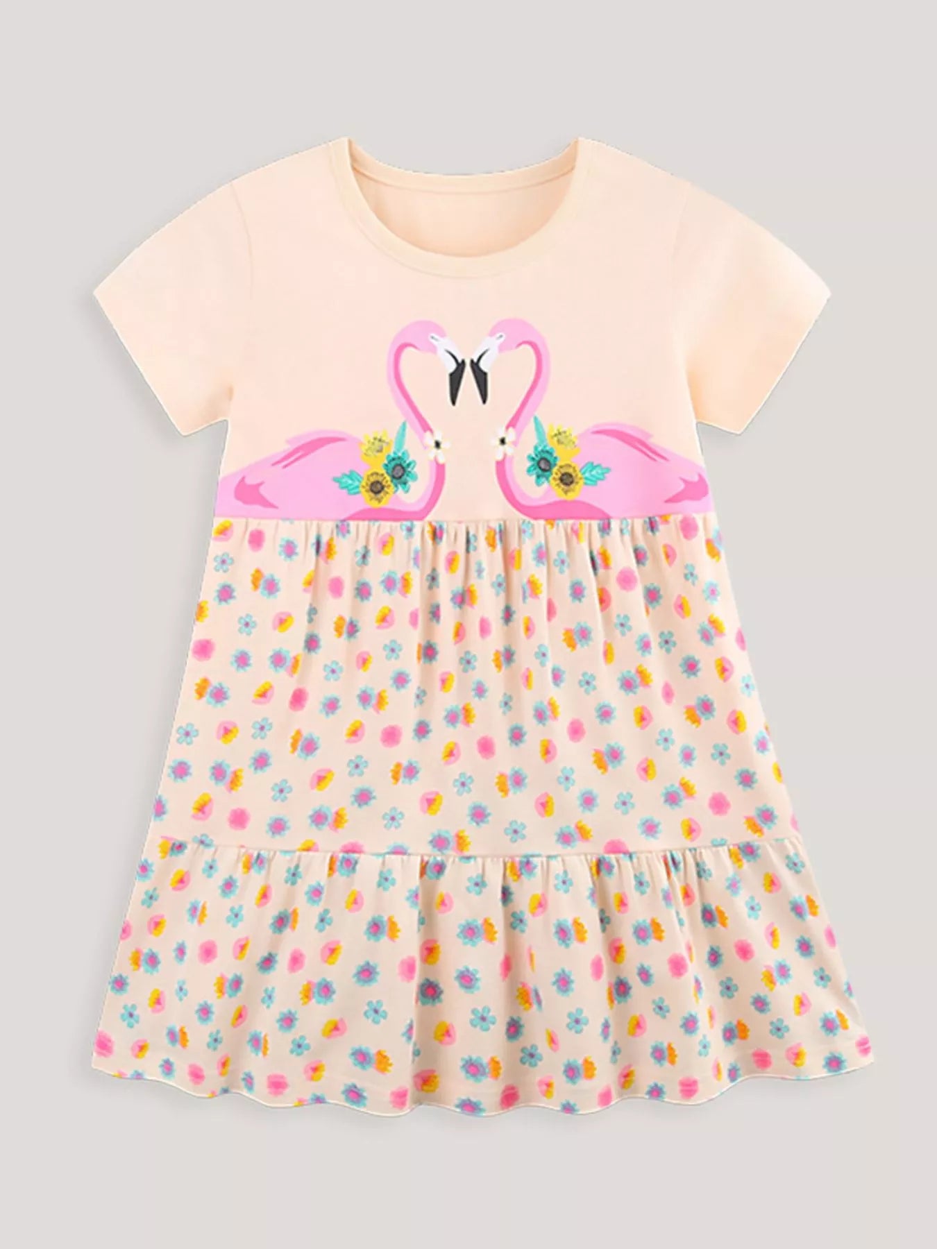 Children's Flamingo Print Tiered Casual Dress