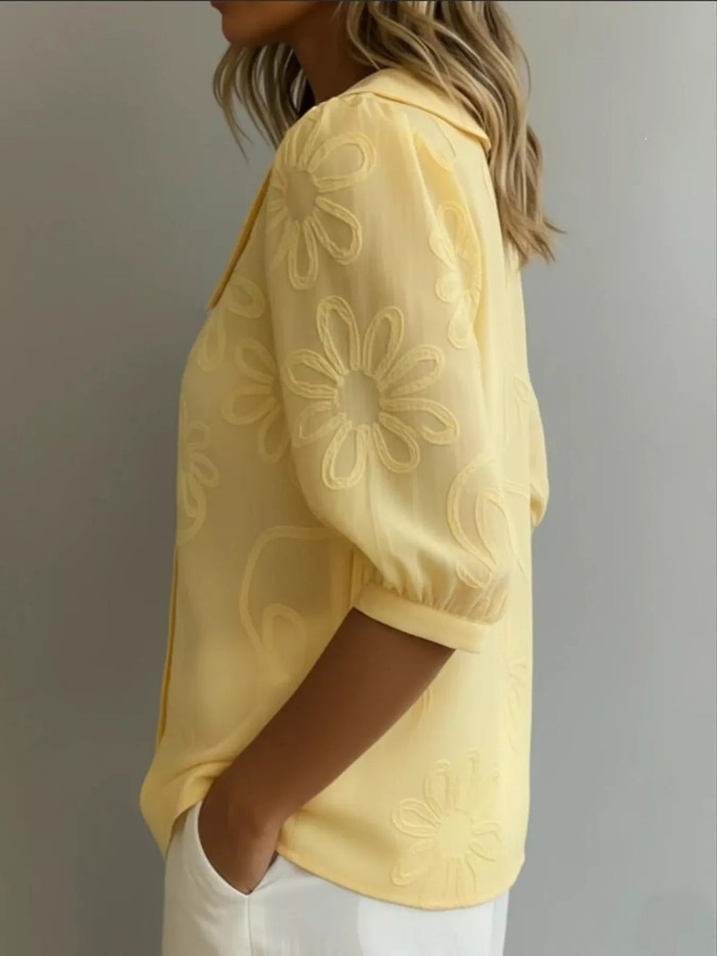 Full Size Flower Puff Sleeve Shirt Plus Size