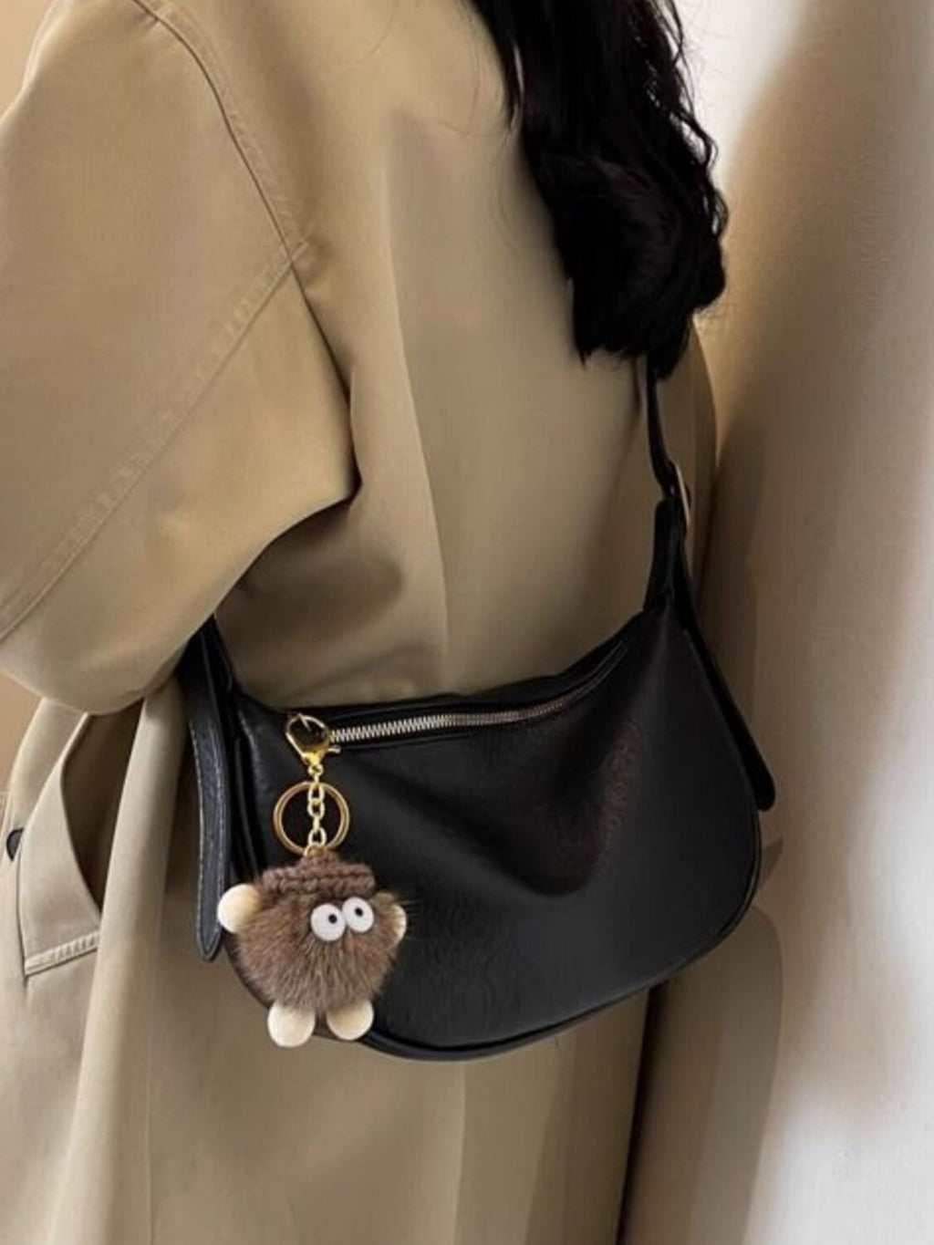 Crescent Shoulder Bag with Plush Charm