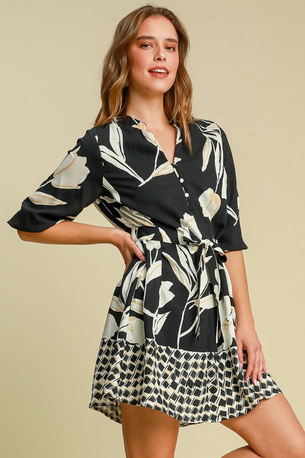 Umgee Full Size Floral Print Notched Tie Waist Mini Dress Plus Size