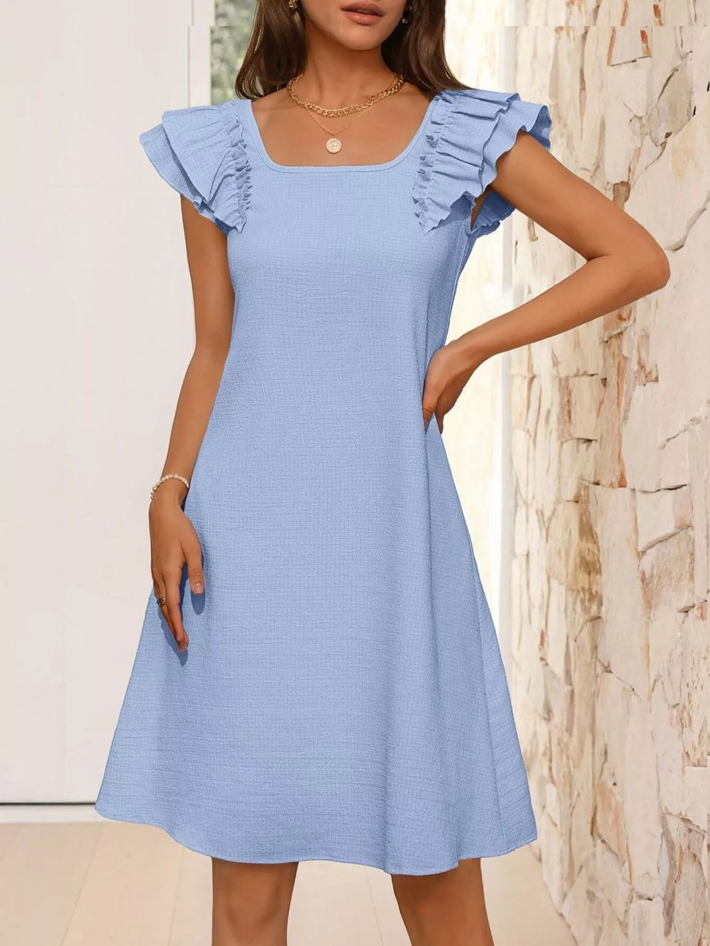 Ruffled Sleeve Square Neck Casual Dress