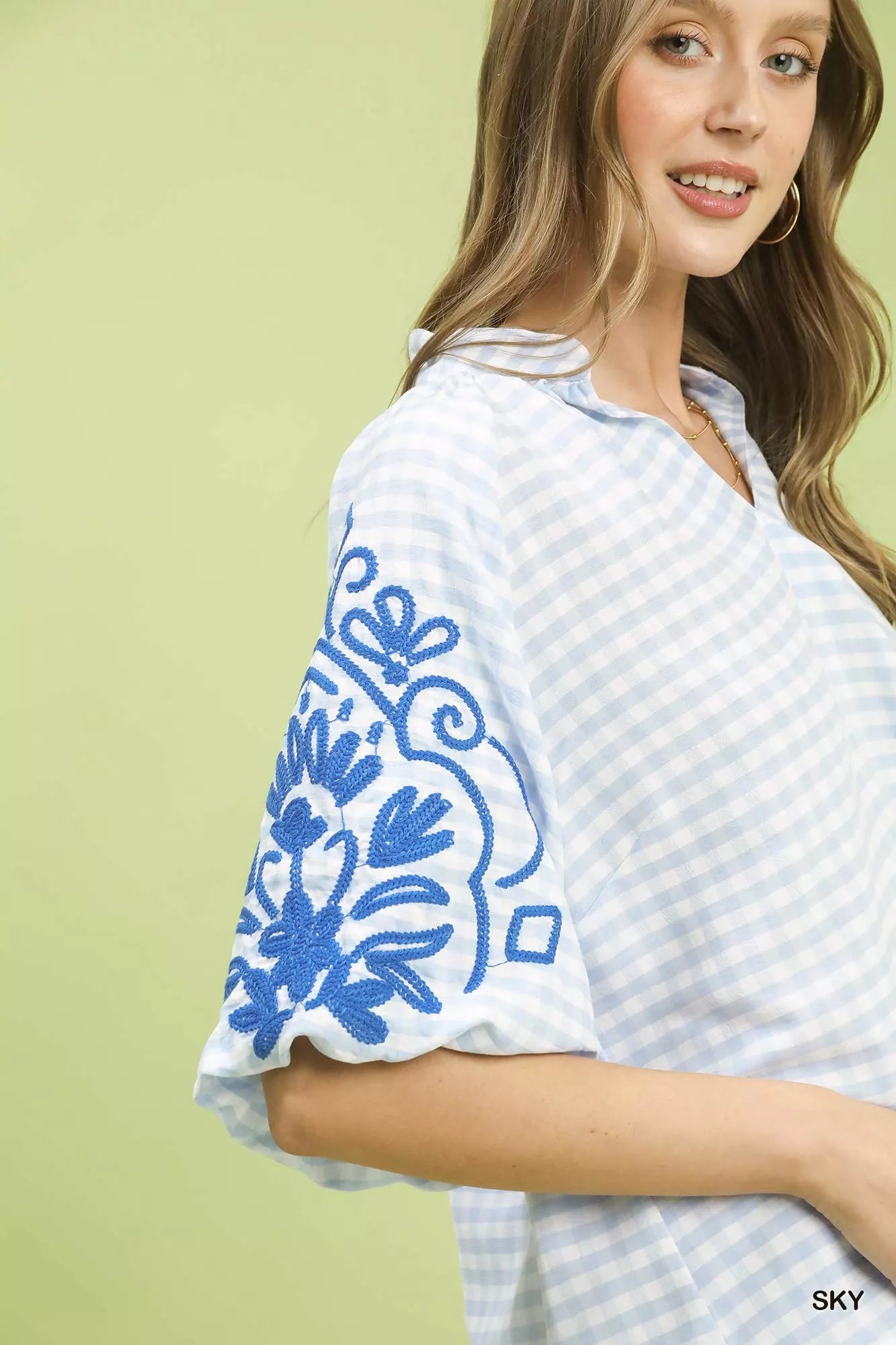 Umgee Gingham Embroidered Balloon Sleeve Top