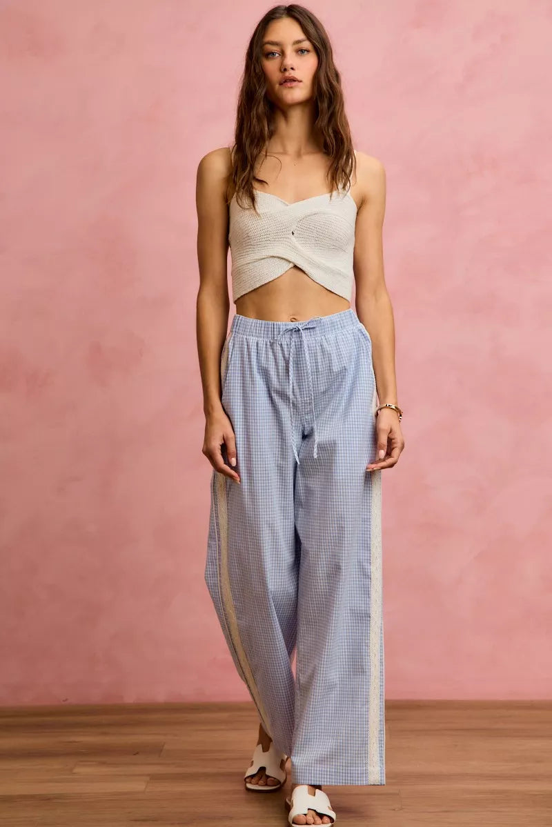SO ME Wide Check  Pants With Side Lace Trim And Piping
