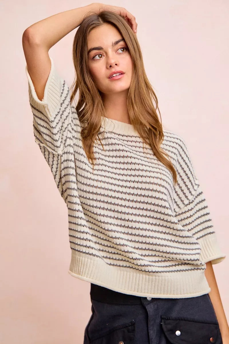 BiBi Stripes Short Sleeves Rib Banded Outseam Knit Top