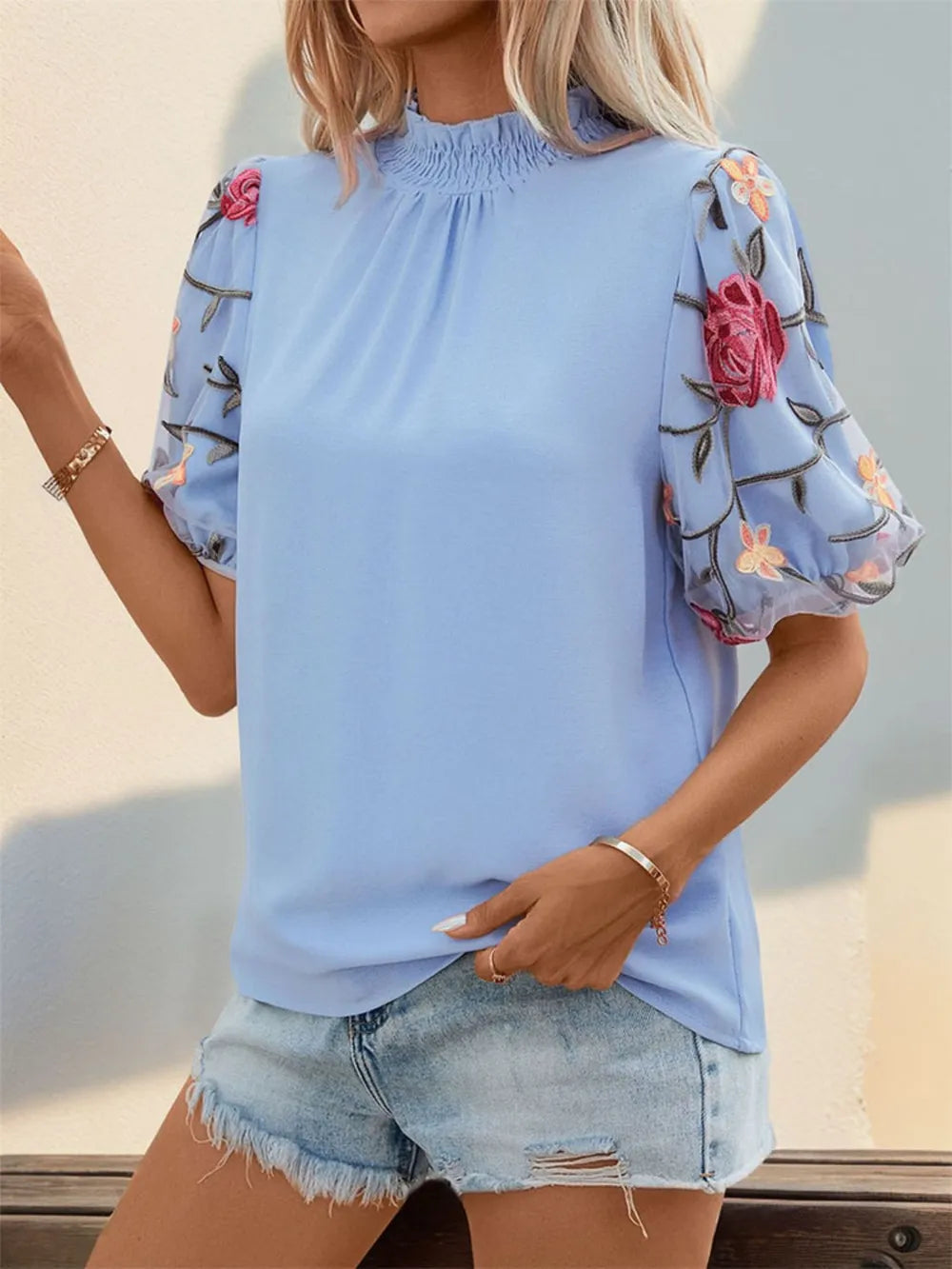 Perfee Embroidered Mock Neck Puff Sleeve Blouse