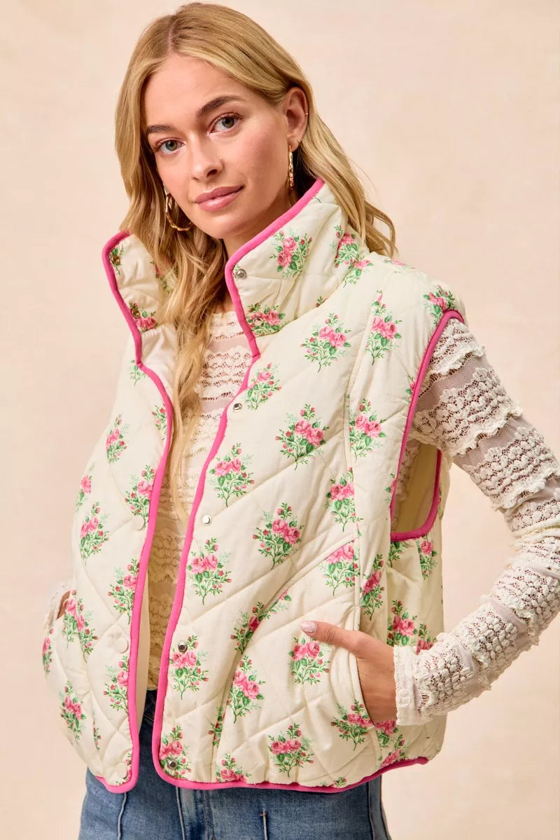 BiBi Floral Print Piping Detail Quilted Vest