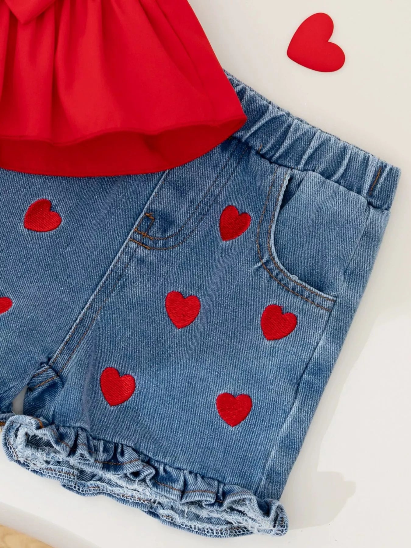 Children's Bowknot Top & Heart Denim Shorts Set