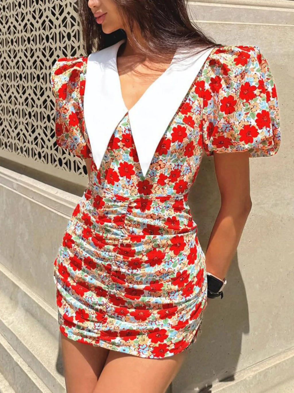 Ruched Floral Print Puff Sleeve Mini Dress