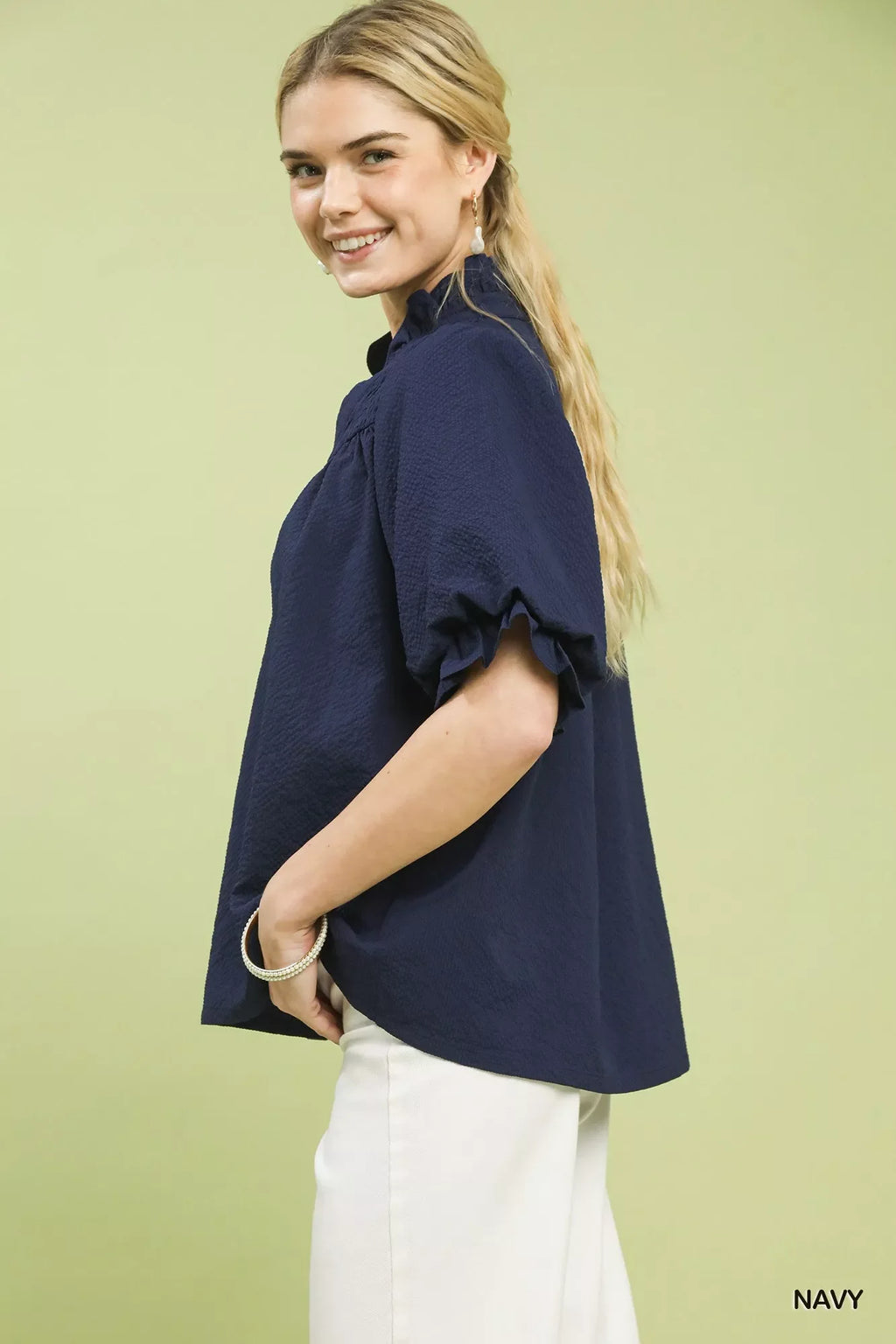 Umgee Textured Smocked Yoke Split-Neck Top