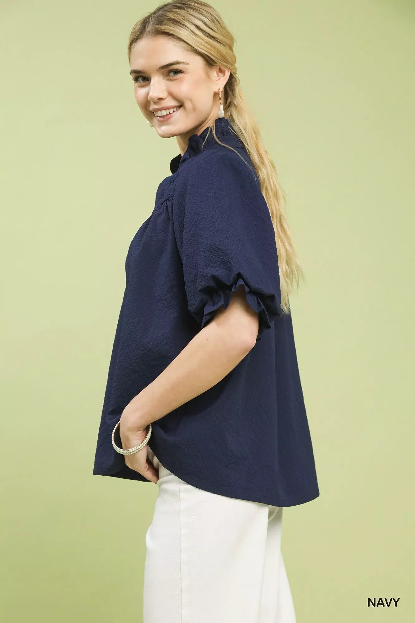 Umgee Textured Smocked Yoke Split-Neck Top