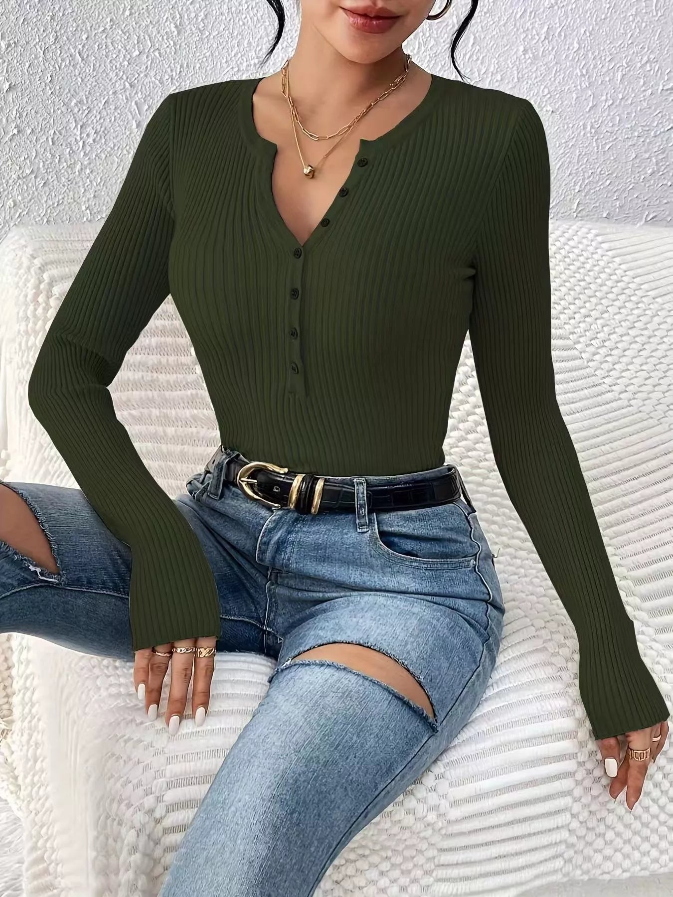 Ribbed Knit Button Front Knit Top
