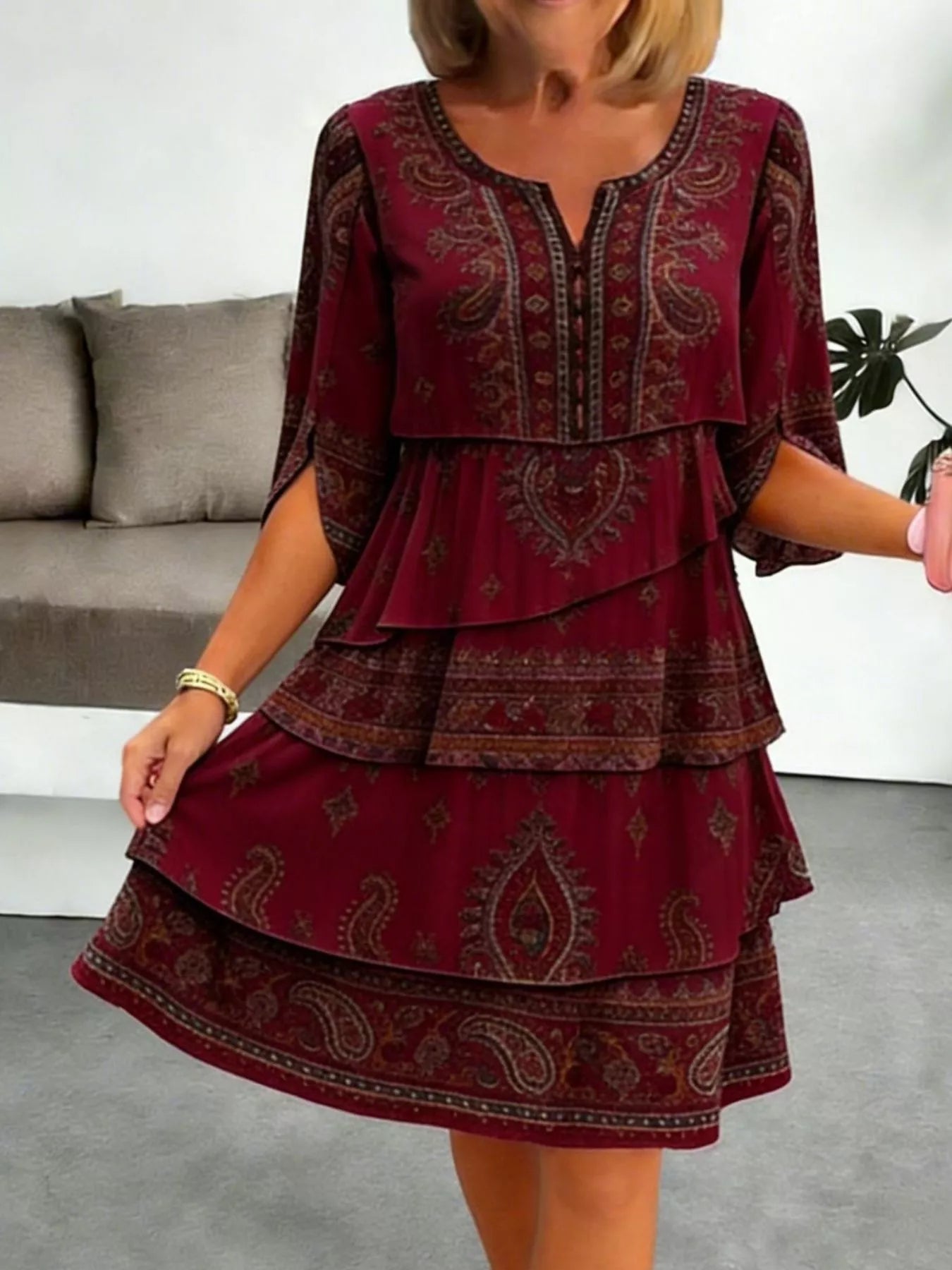 Full Size Paisley Print Layered Ruffle Mini Dress Plus Size