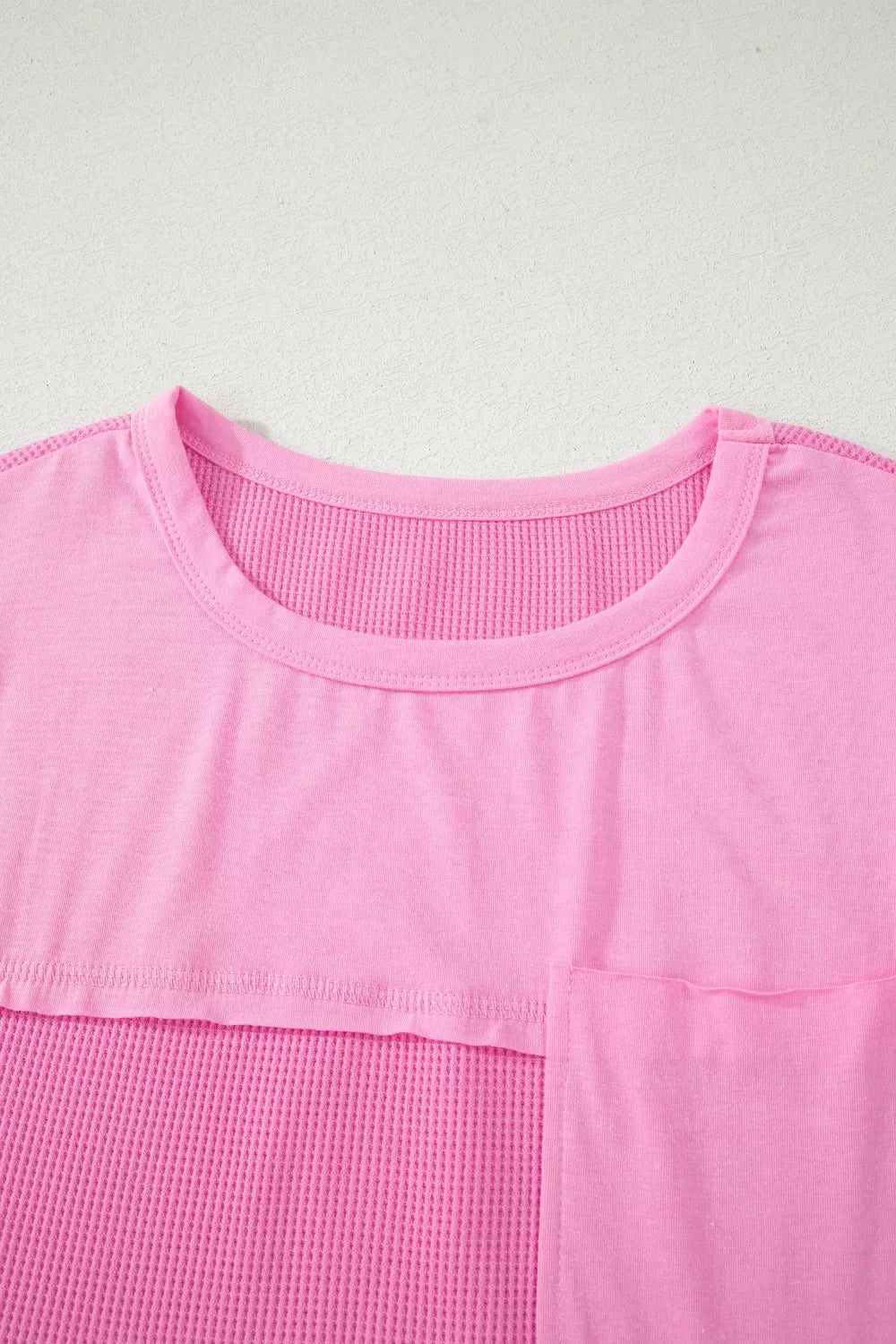 Solid Color Raw Seam Waffled Patchwork Casual T Shirt