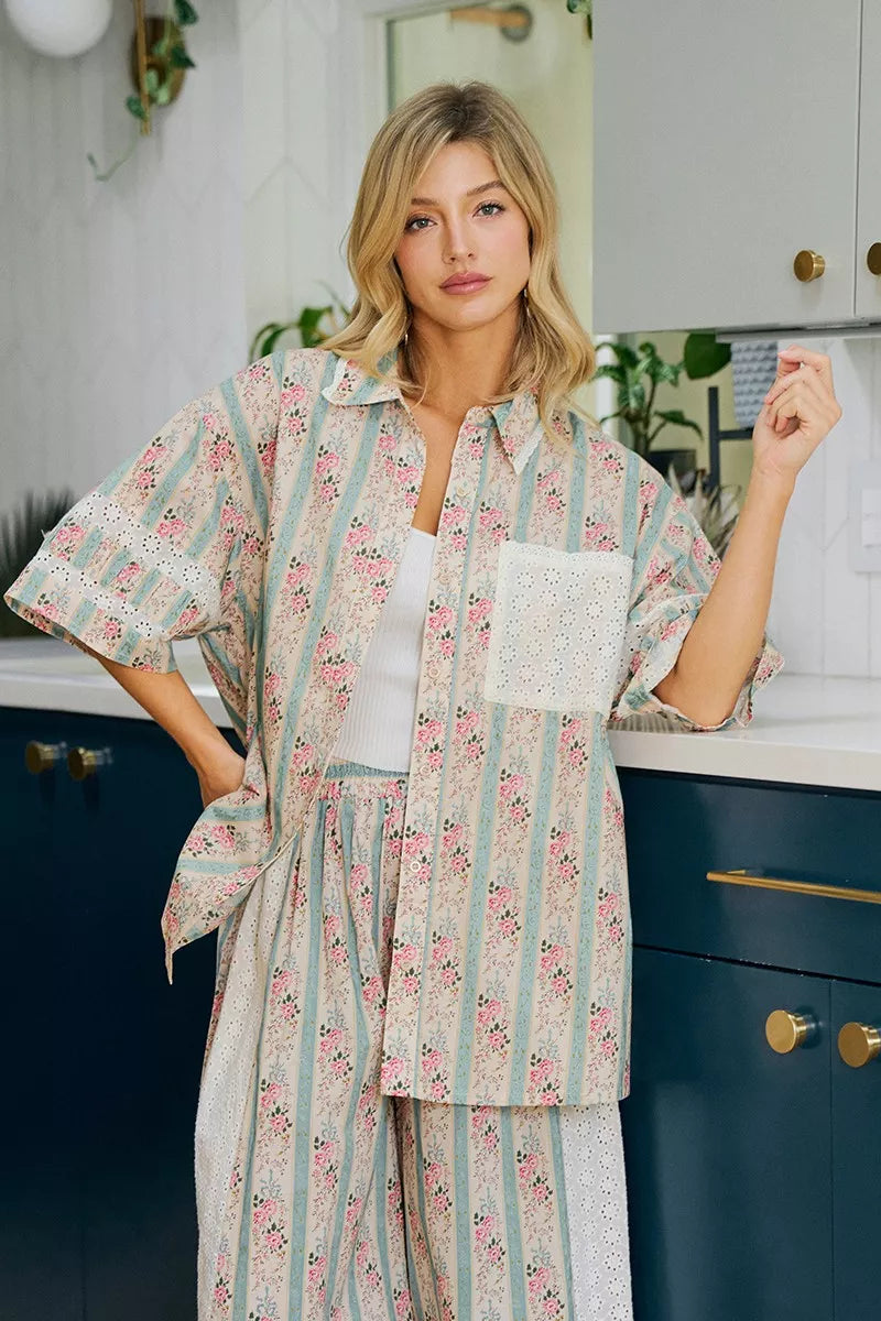 BiBi Eyelet Lace And Floral Mix And Match Shirt Top