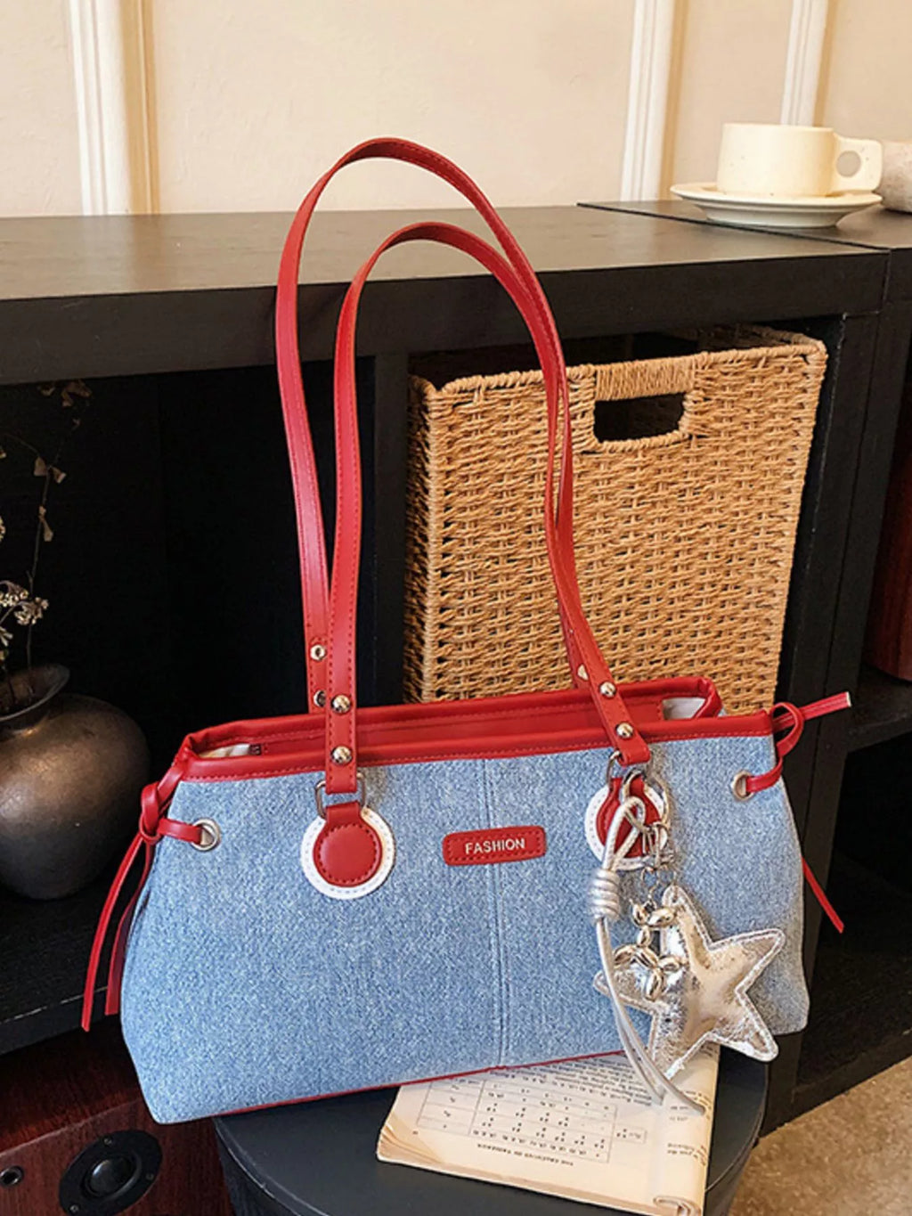 Denim Shoulder Bag with Star Charm