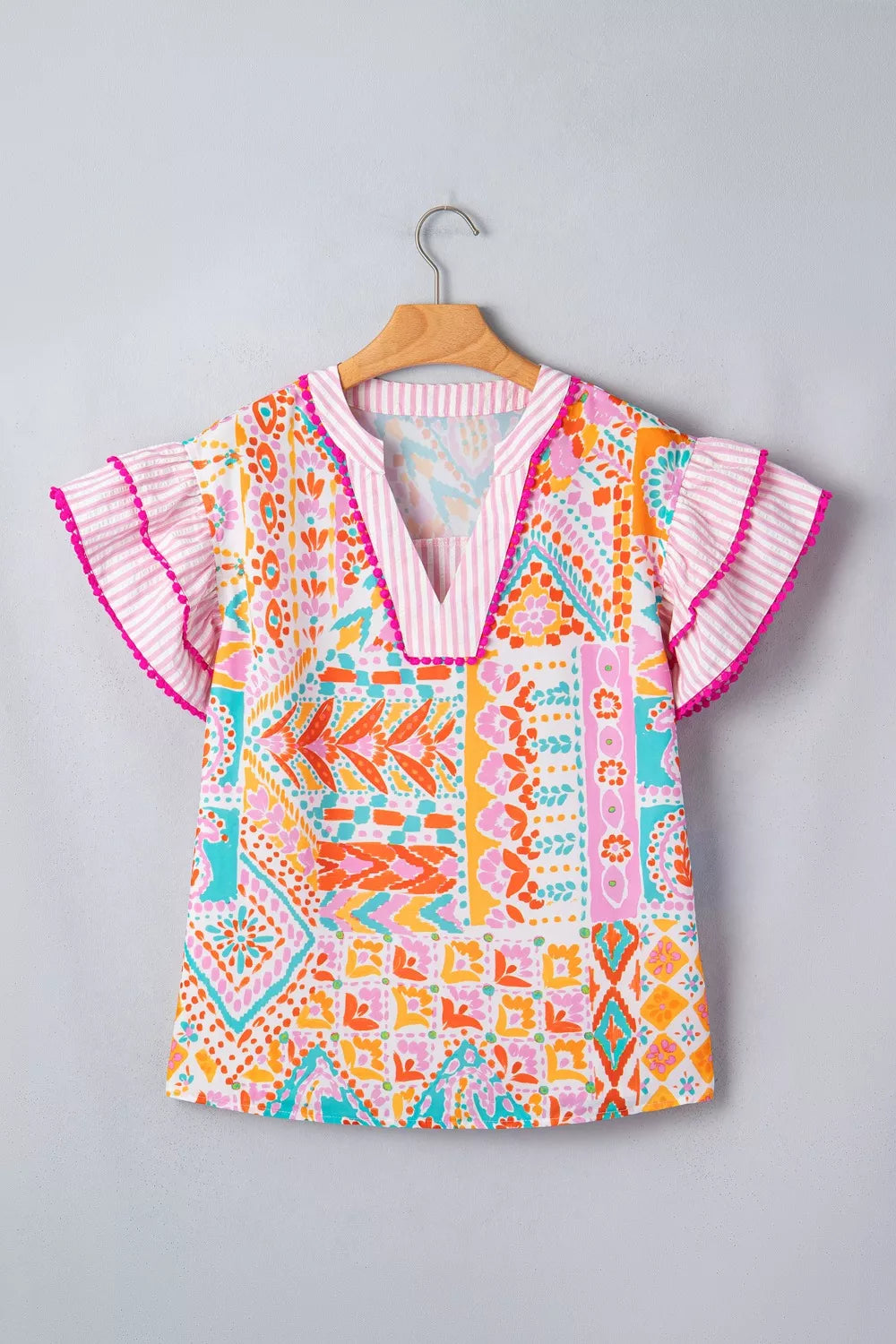 Mixed Print Contrast Trim Striped Patchwork Tiered Short Sleeve Blouse