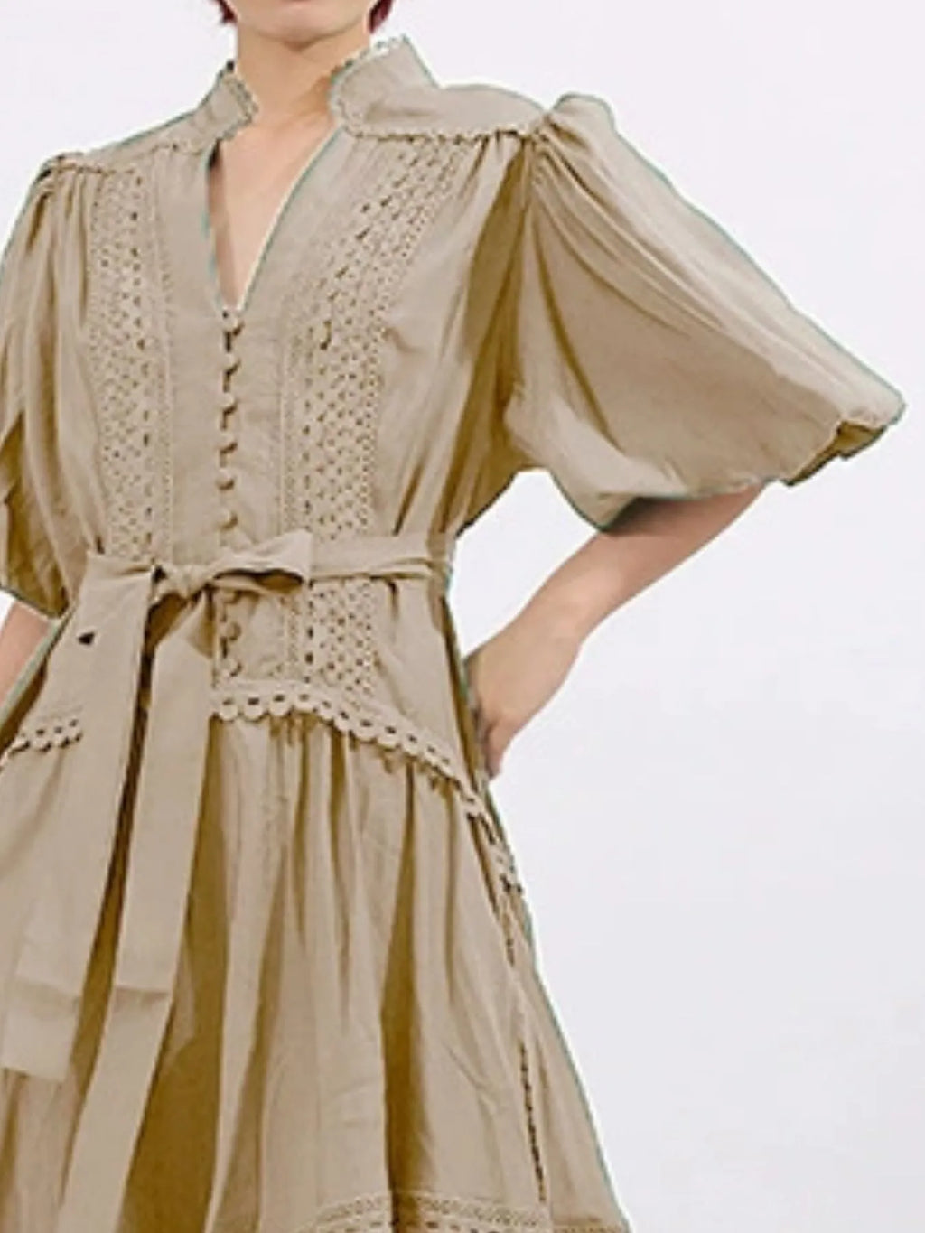 Lace Detail Notched Puff Sleeve Maxi Dress