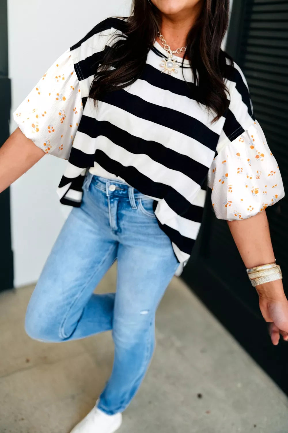 Stripe Floral Print Puff Sleeve Patchwork Blouse