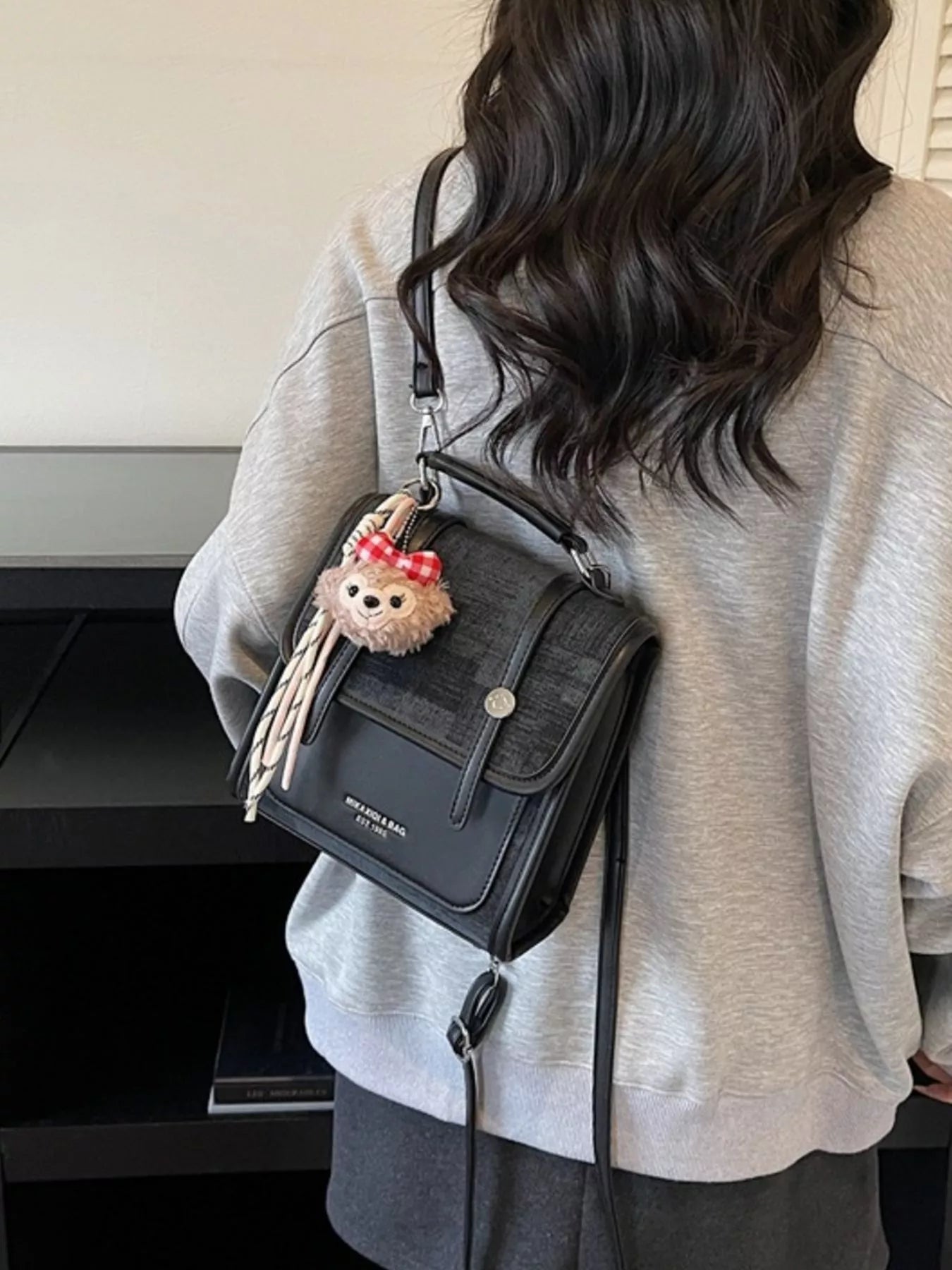 Flap Backpack Bag with Plush Charm