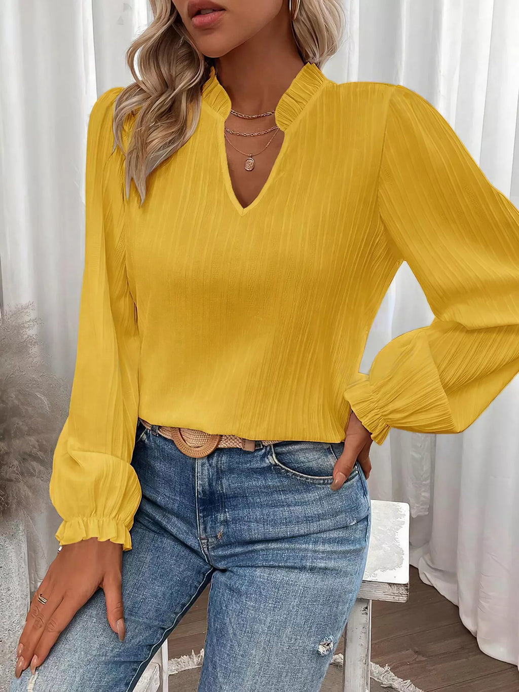 Ruffle Notched Long Sleeve Blouse