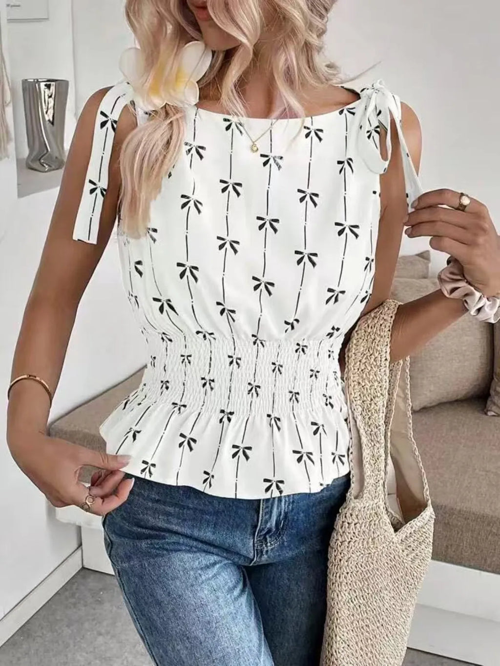 Bow Print Tie Shoulder Tank
