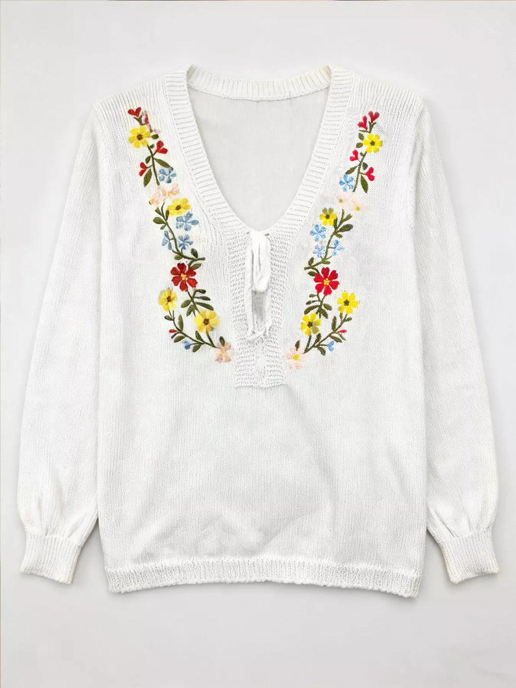 Floral Embroidered V-Neck Sweater