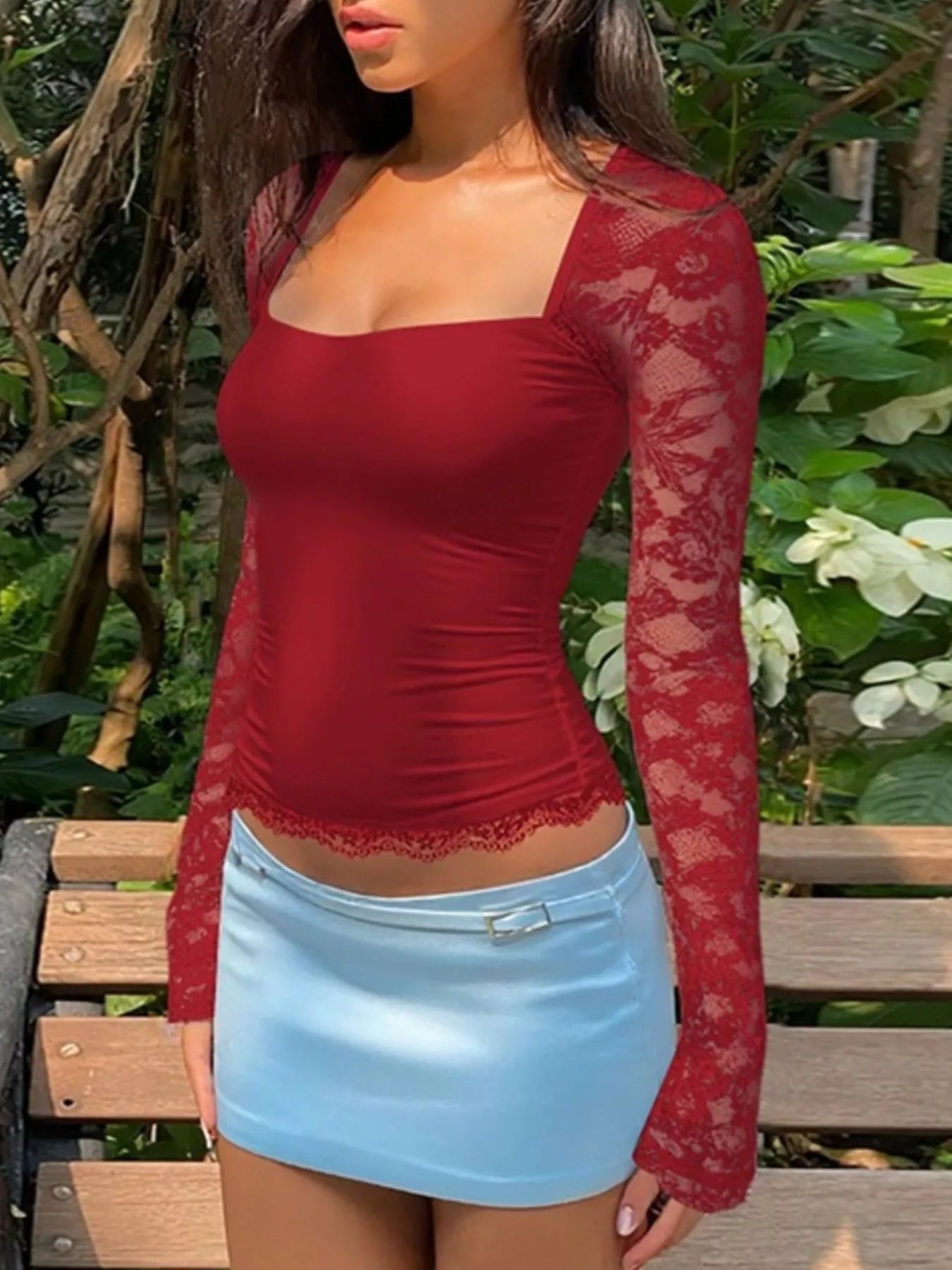 Sheer Lace Sleeve Square Neck T-Shirt