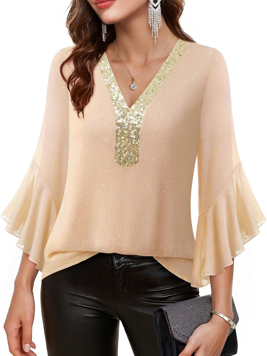 Sequin V-Neck Flounce Sleeve Blouse