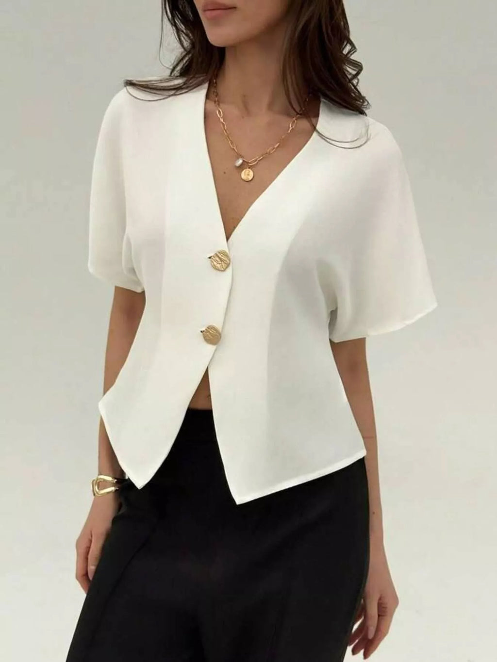 V-Neck Button-Up Short Sleeve Shirt