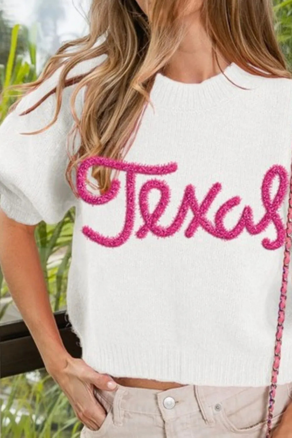BiBi Metallic Letter Short Puff Sleeve Hairy Sweater