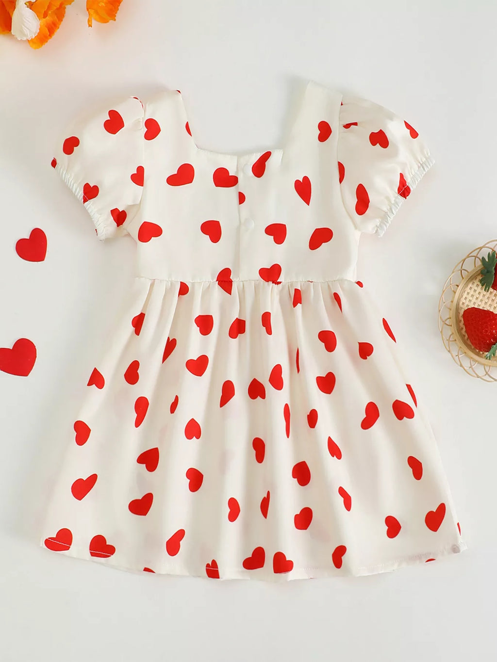 Children's Heart Print Puff Sleeve Dress with Bow