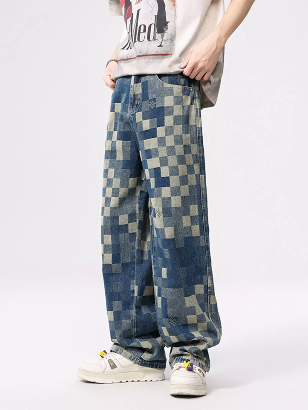 Men's Checkered Wide Leg Jeans