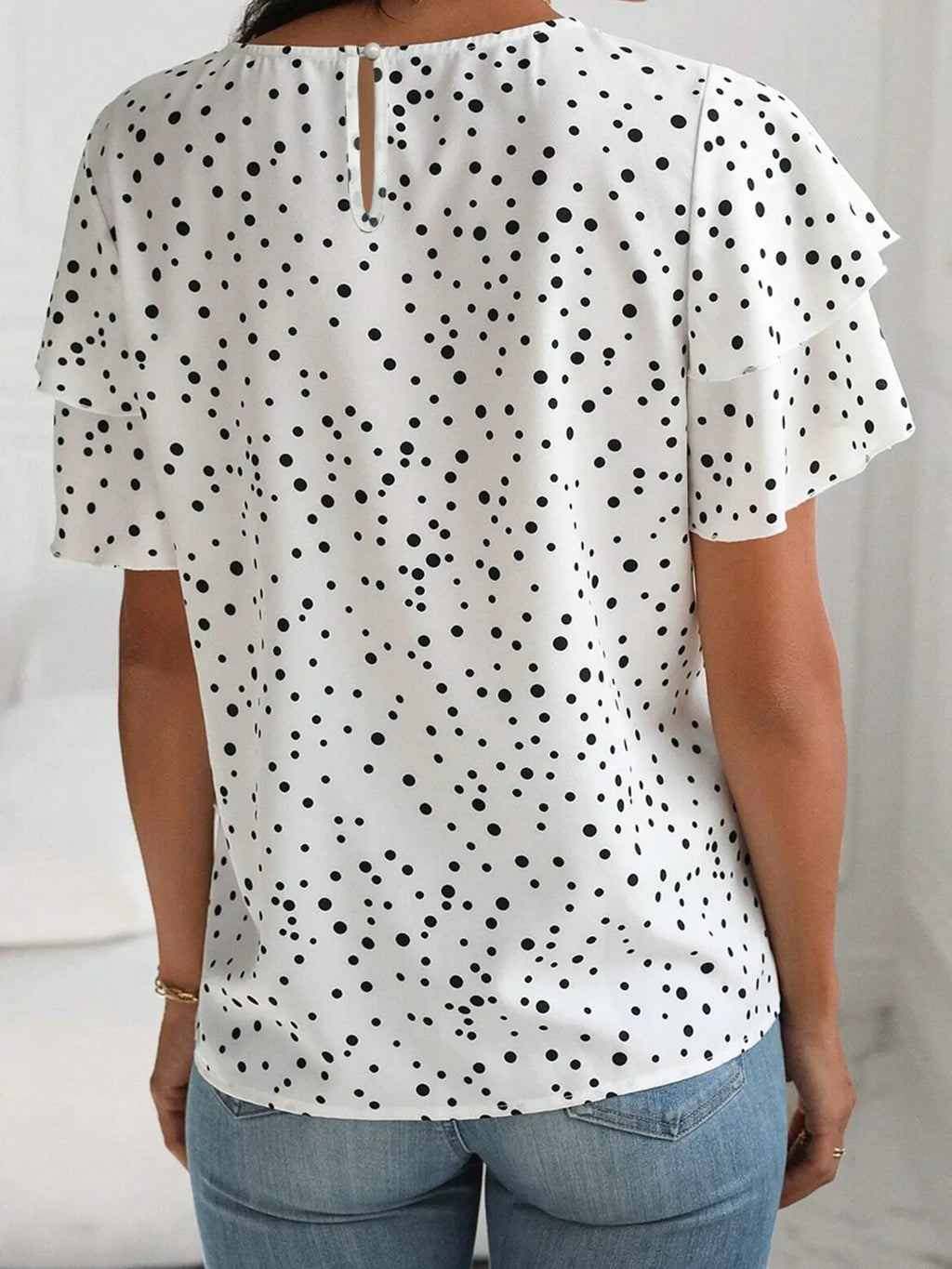 Polka Dot Layered Ruffled Short Sleeve Blouse