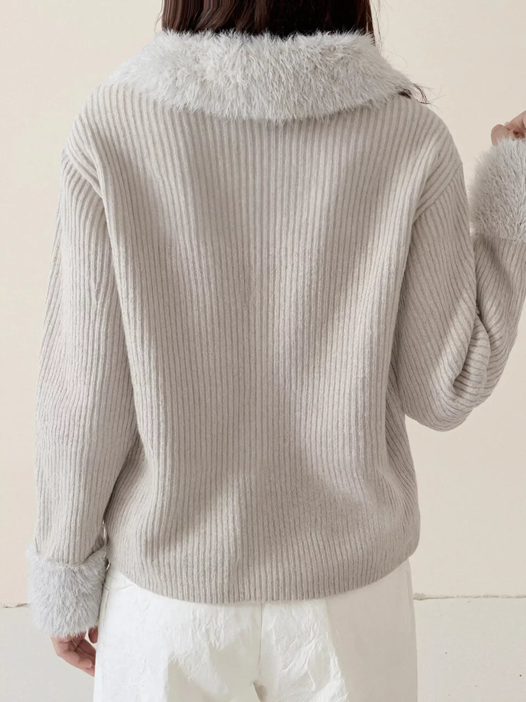 Fluffy Trim Zip-Up Cardigan